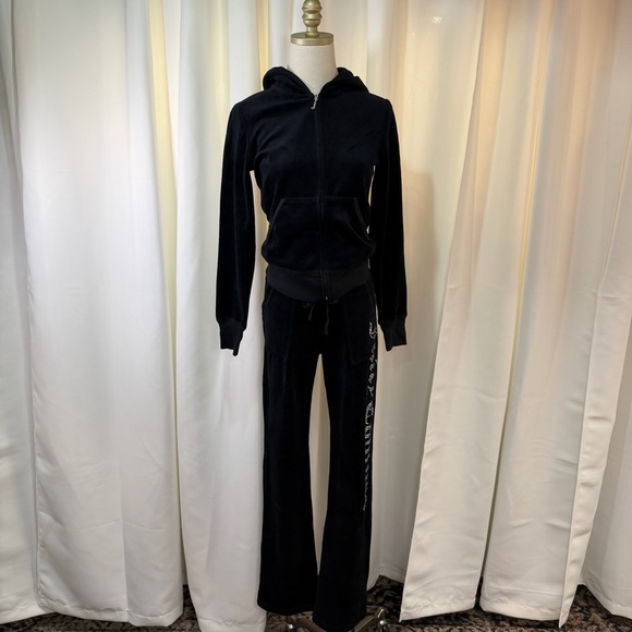 NWT Juicy Couture Black Velvet Velour Tracksuit w/ Rhinestone Crystals Size S - Picture 3 of 16